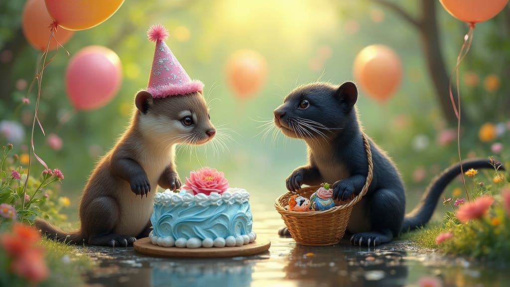 Whimsical Otter Birthday Celebration in Nature's Splendor