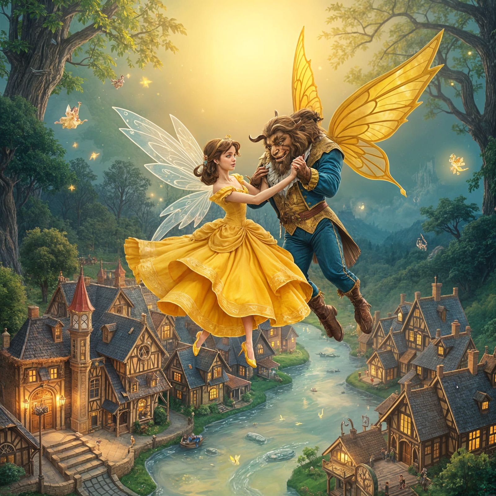 Fairy Beauty and the Beast Dance Above Whimsical Village