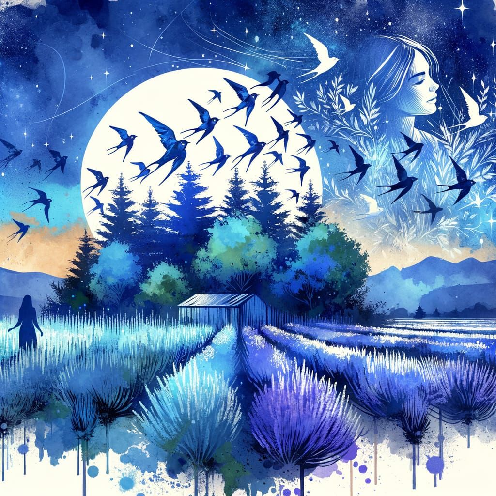Blue Forest Moonscape in Art Brut Watercolour Style