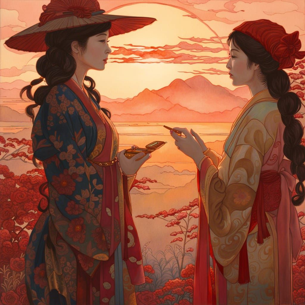 Sunset Conversation: Japanese Watercolor Art