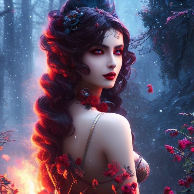 Gothic Snow Beauty with Red Lips, Fantasy Art