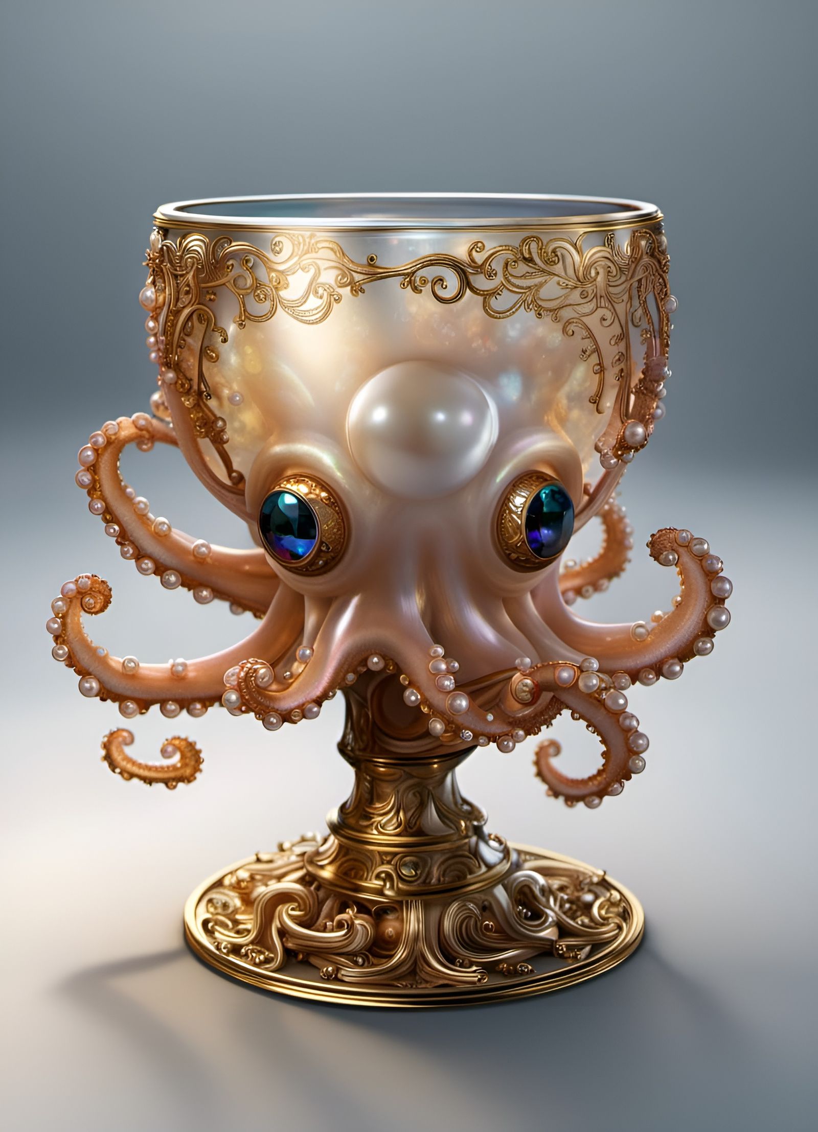 Octopus Goblet with Pearls in Hyperrealistic Style