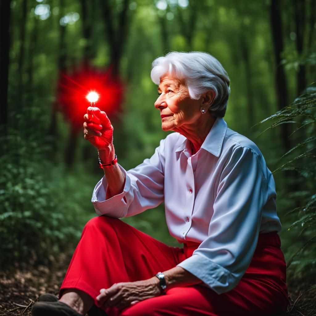 Senior Woman with Laser Light in Nature
