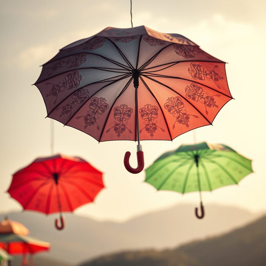 Vibrant Umbrellas Defy Gravity in a Whimsical Sky