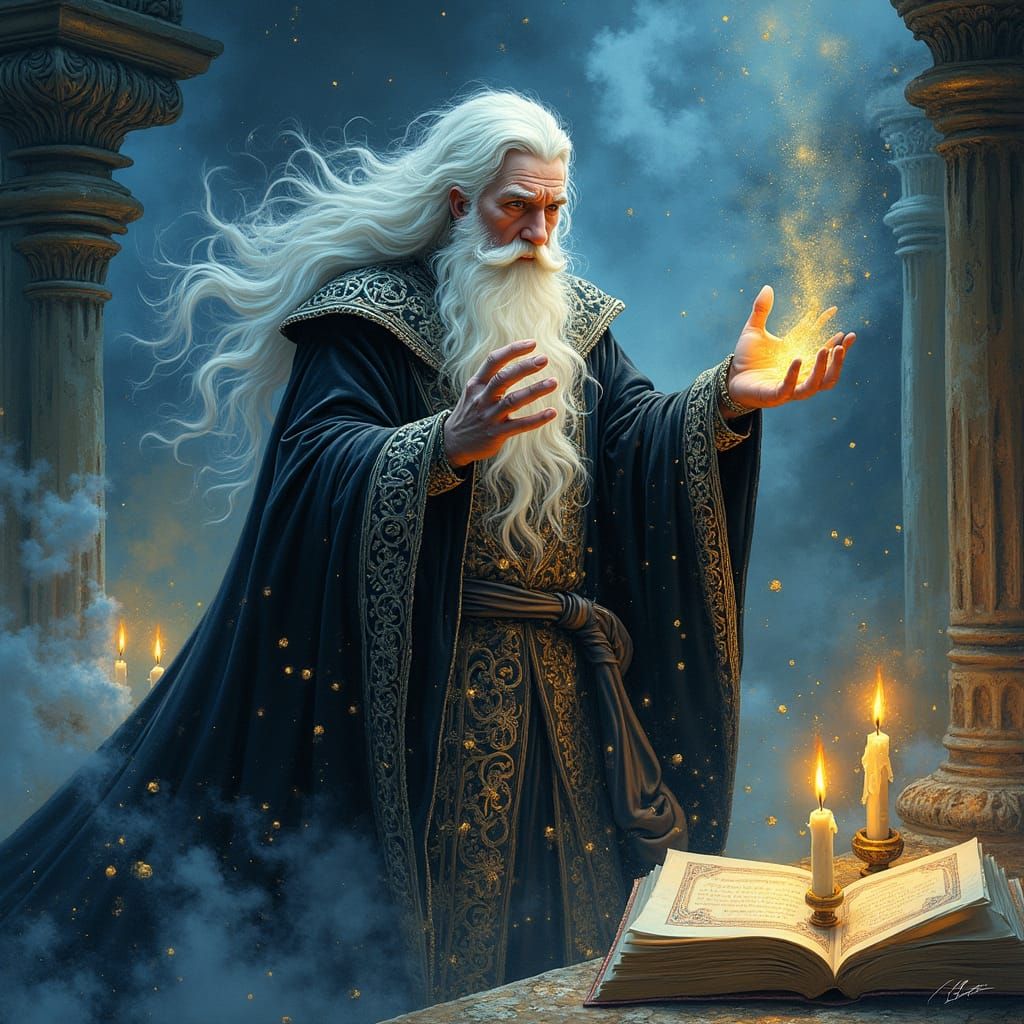 Mystical Wizard in Swirling Vortex of Iridescent Mist