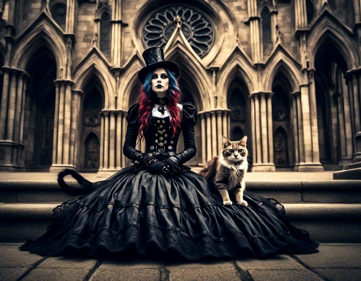 gothic woman sitting outside a cathedral
