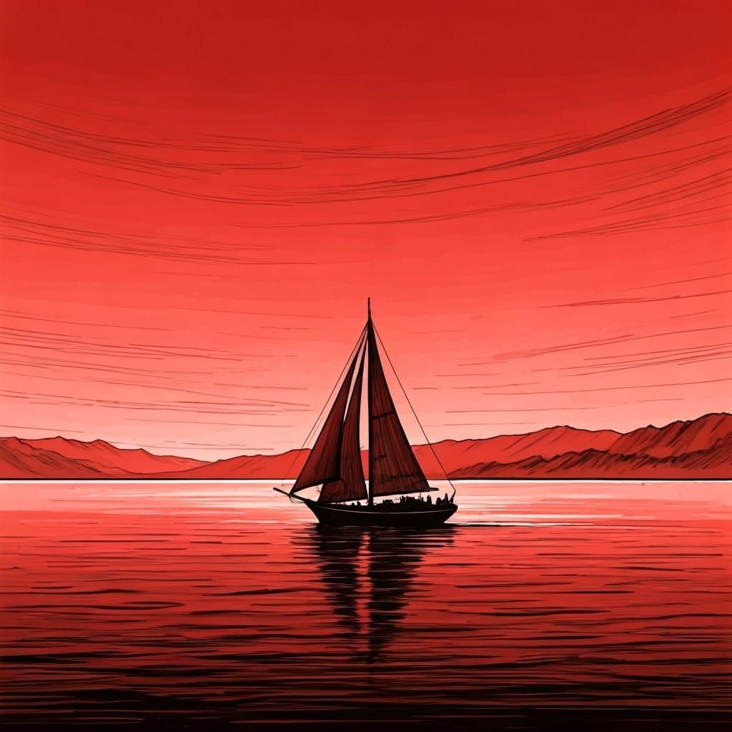 Sailboat Glides Under Red Sky: Minimalist Ink Sketch