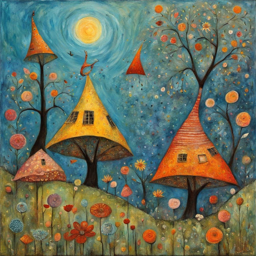 Whimsical Folk Art Masterpiece in a Vibrant Spring Garden