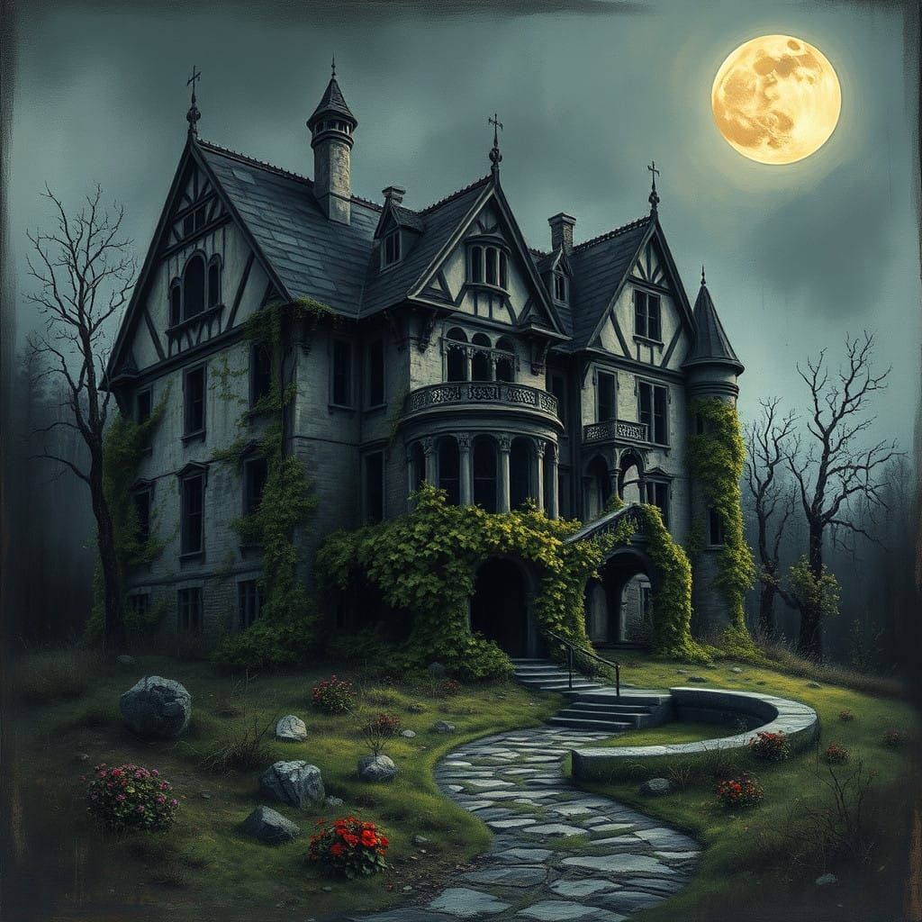 Decaying Gothic Mansion in Moonlit Landscape
