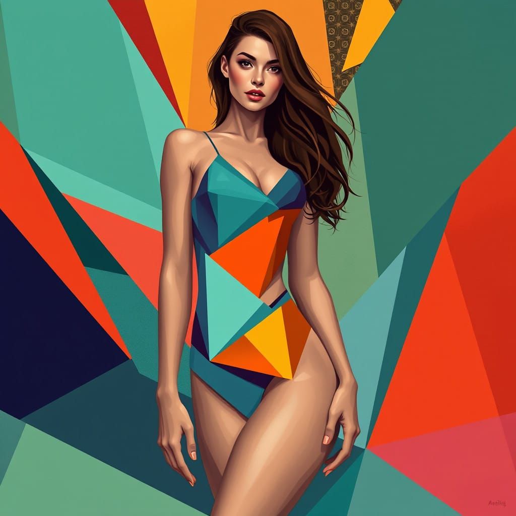 Angular Brunette in Art Deco Swimsuit Amidst Geometric Patte...