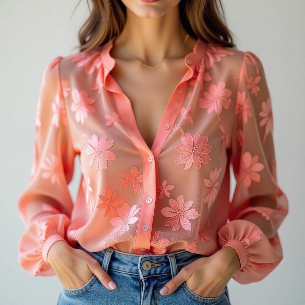 Sheer Salmon Floral Lace Blouse