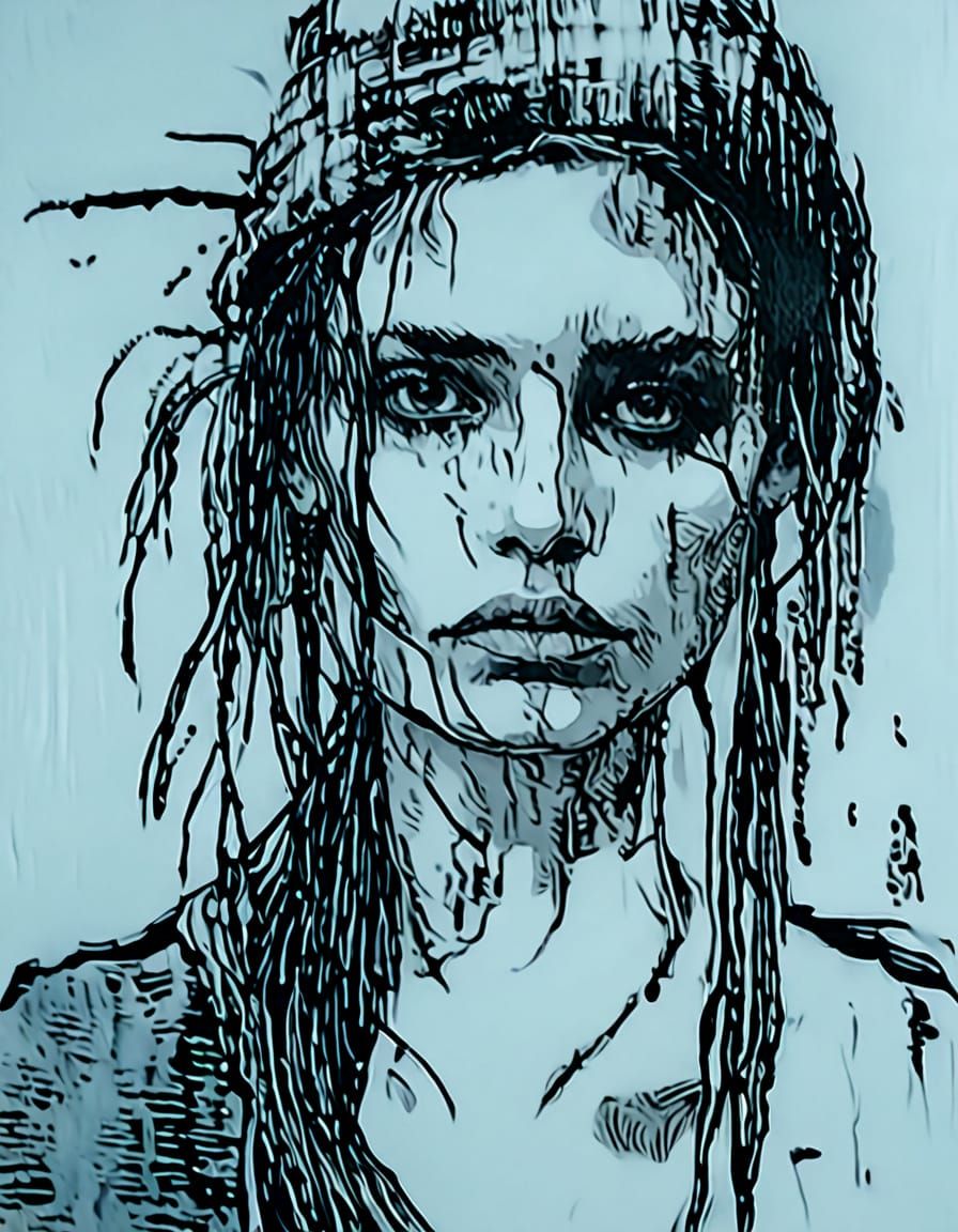 Goth Emo Girl Portrait in High Contrast Impasto Style