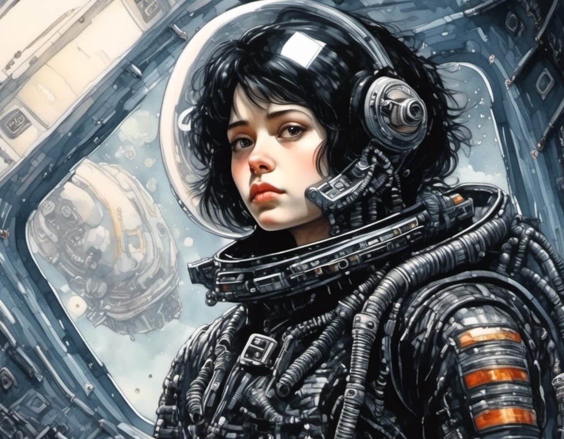 Young Space Soldier in Biomechanical Suit, Watercolor Style