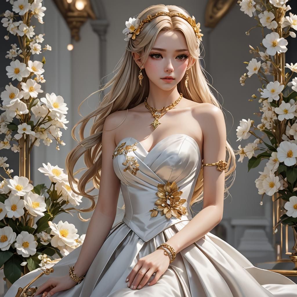 Blonde Girl in Satin Dress: 3D Anime Art