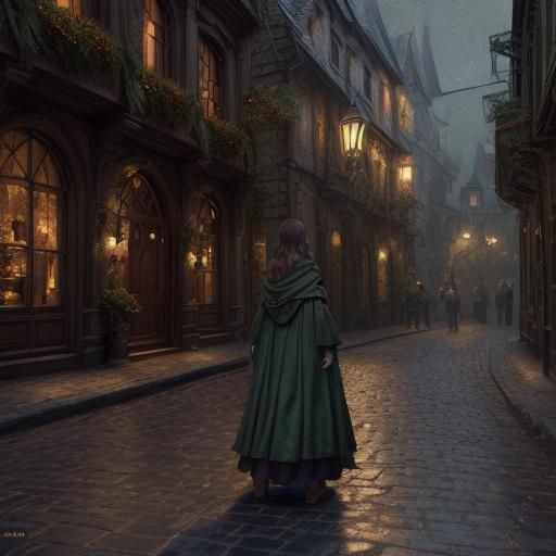 Woman in Cloak on Cobblestone Street, Fantasy Art