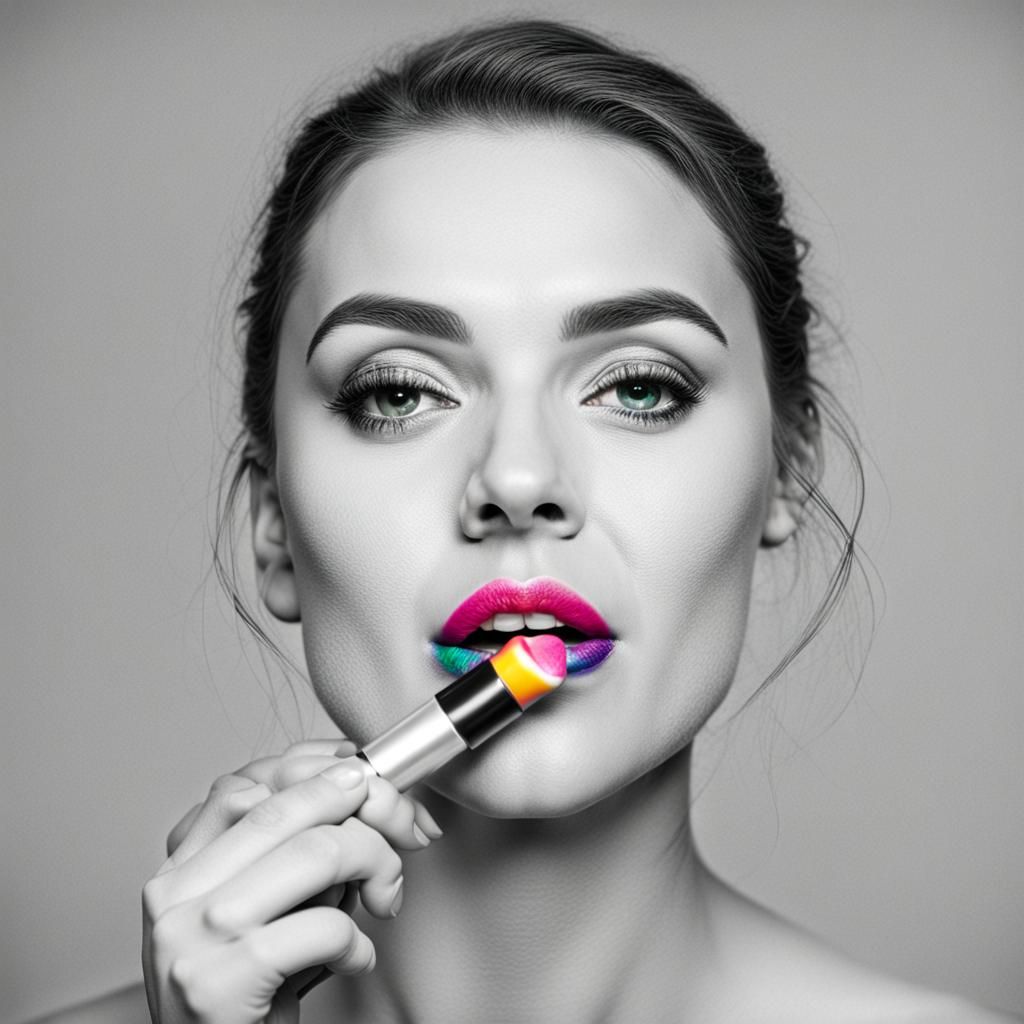 Woman Applying Rainbow Lipstick in Black and White