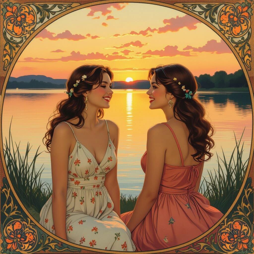 Young Women Enjoying Lake Views at Sunset: Art Nouveau Style