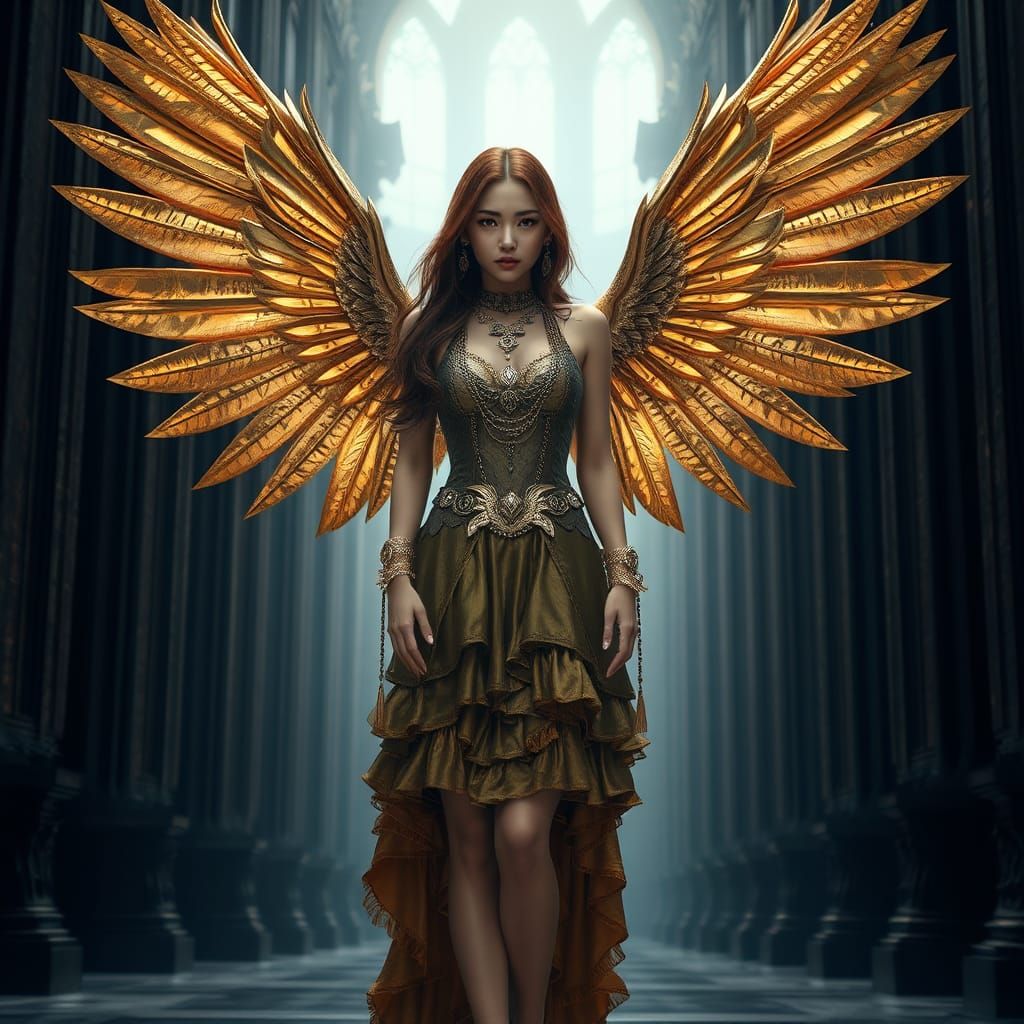 Ethereal Gothic Woman with Golden Wings