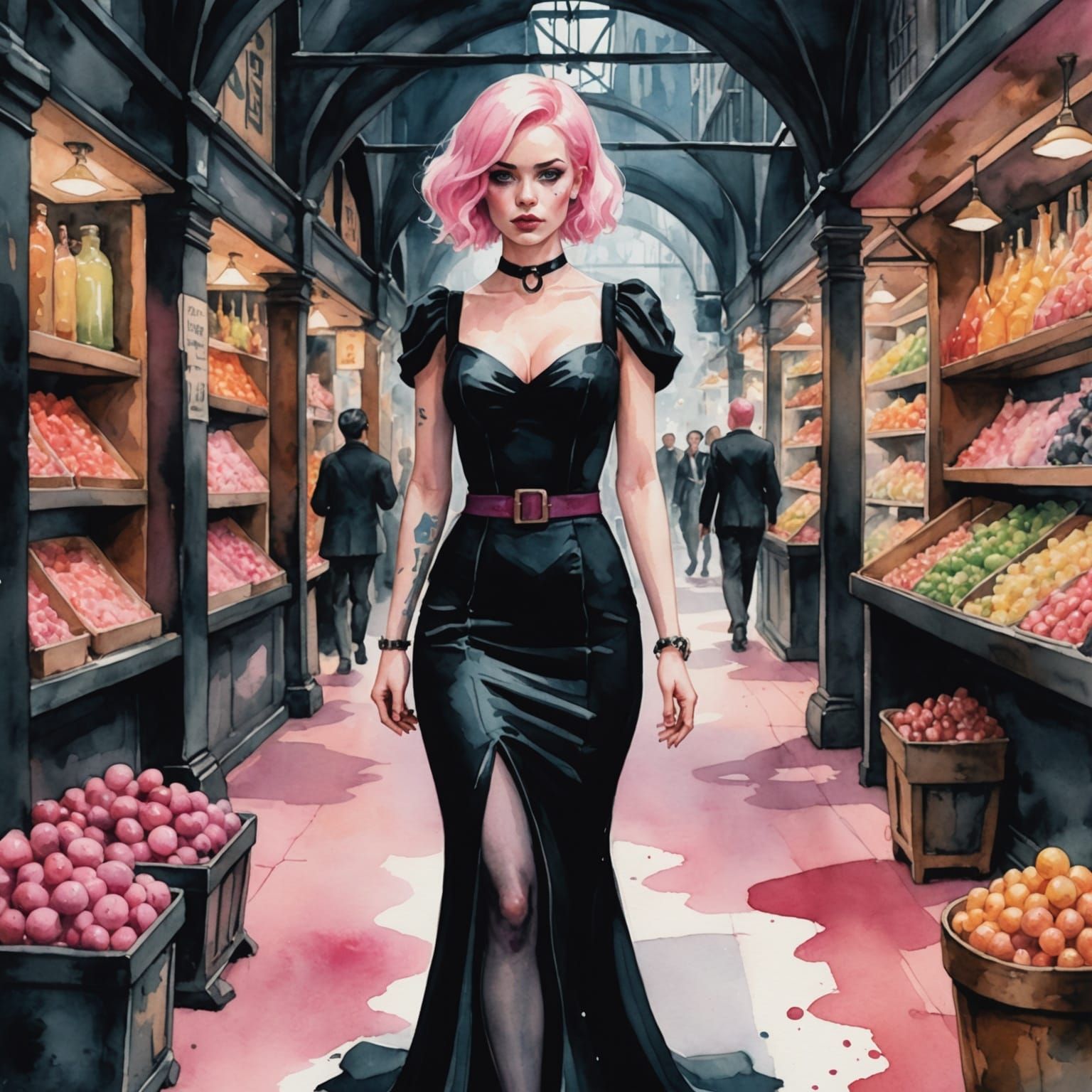 Pink-Haired Woman in Underworld Market Watercolor