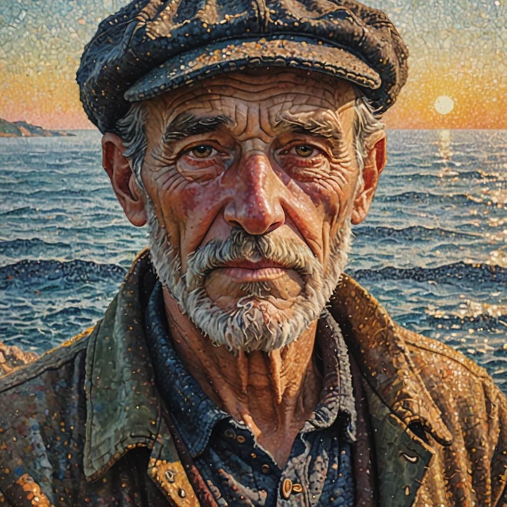 Pointillist Portrait of Old Man at Sunset