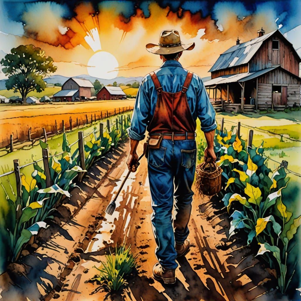 Farmer Walks on Farm in Watercolor Alcohol Inks