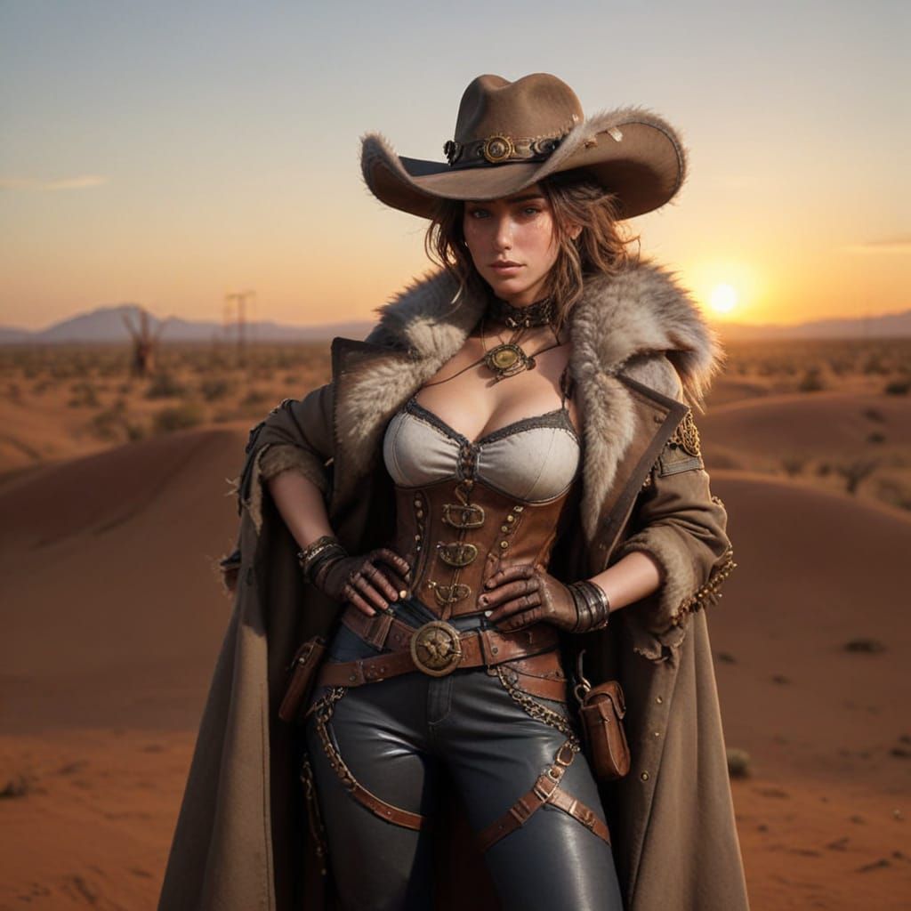 Steampunk Koala Cowgirl under a Desert Sunset