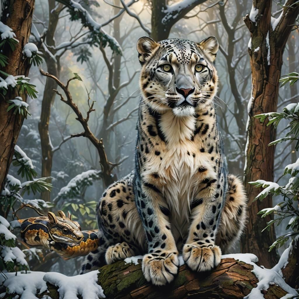 Hyperrealistic Snow Leopard in Rainforest Canopy