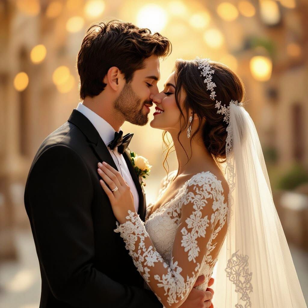 Romantic Wedding Kiss in Playful Style