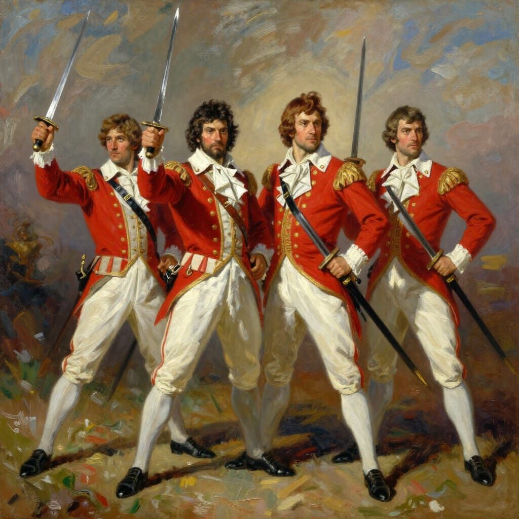 Four Musketeers Stand Defiantly with Swords Drawn