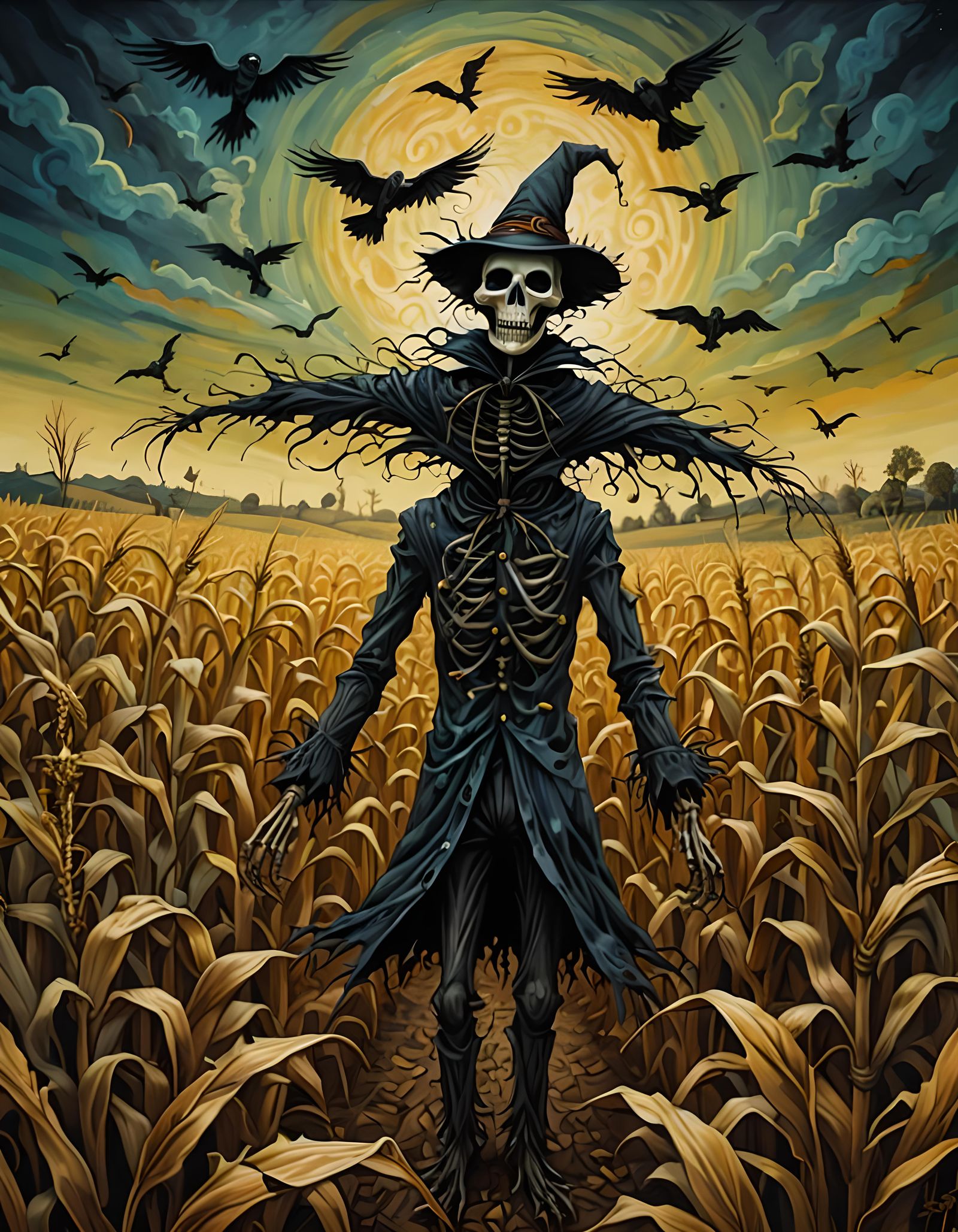 Sinister Scarecrow in Cornfield with Ravens