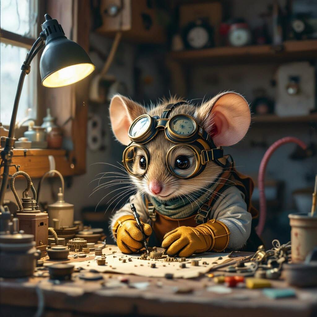 Mouse Inventor in Garage Workshop, Whimsical Realism