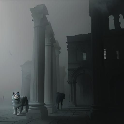 Eerie Roman Ruins with Giant Dogs in Monochrome