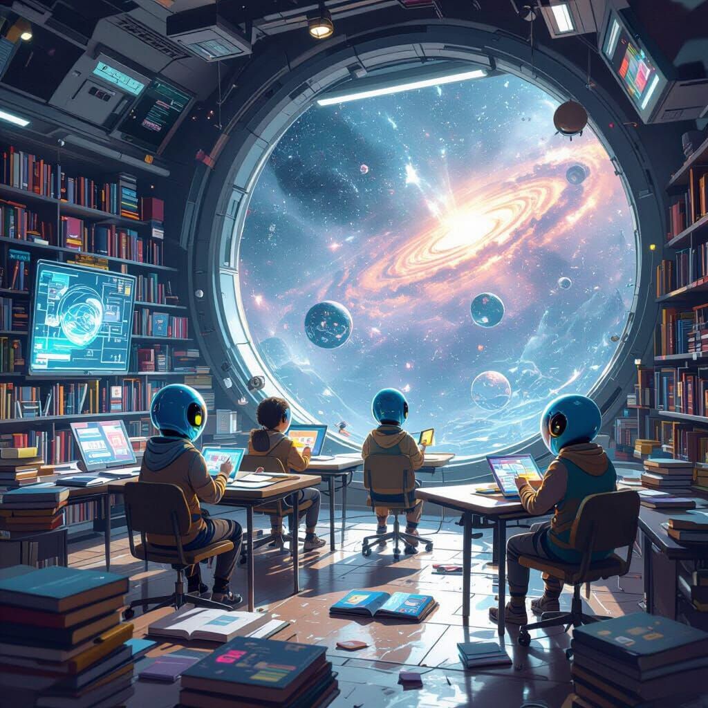 Zero Gravity Classroom: Alien Students Learn Amidst Floating...