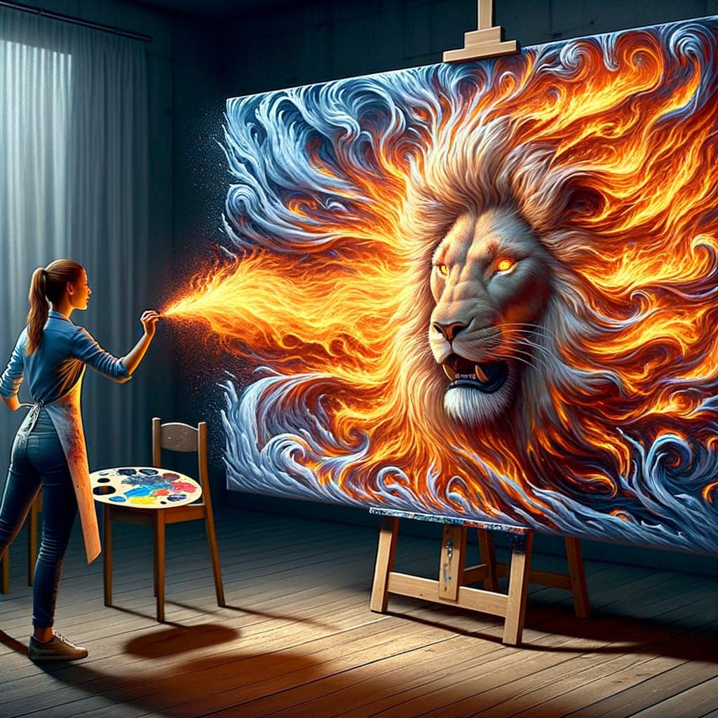Fiery Lion Emerges from Canvas as 3D Art