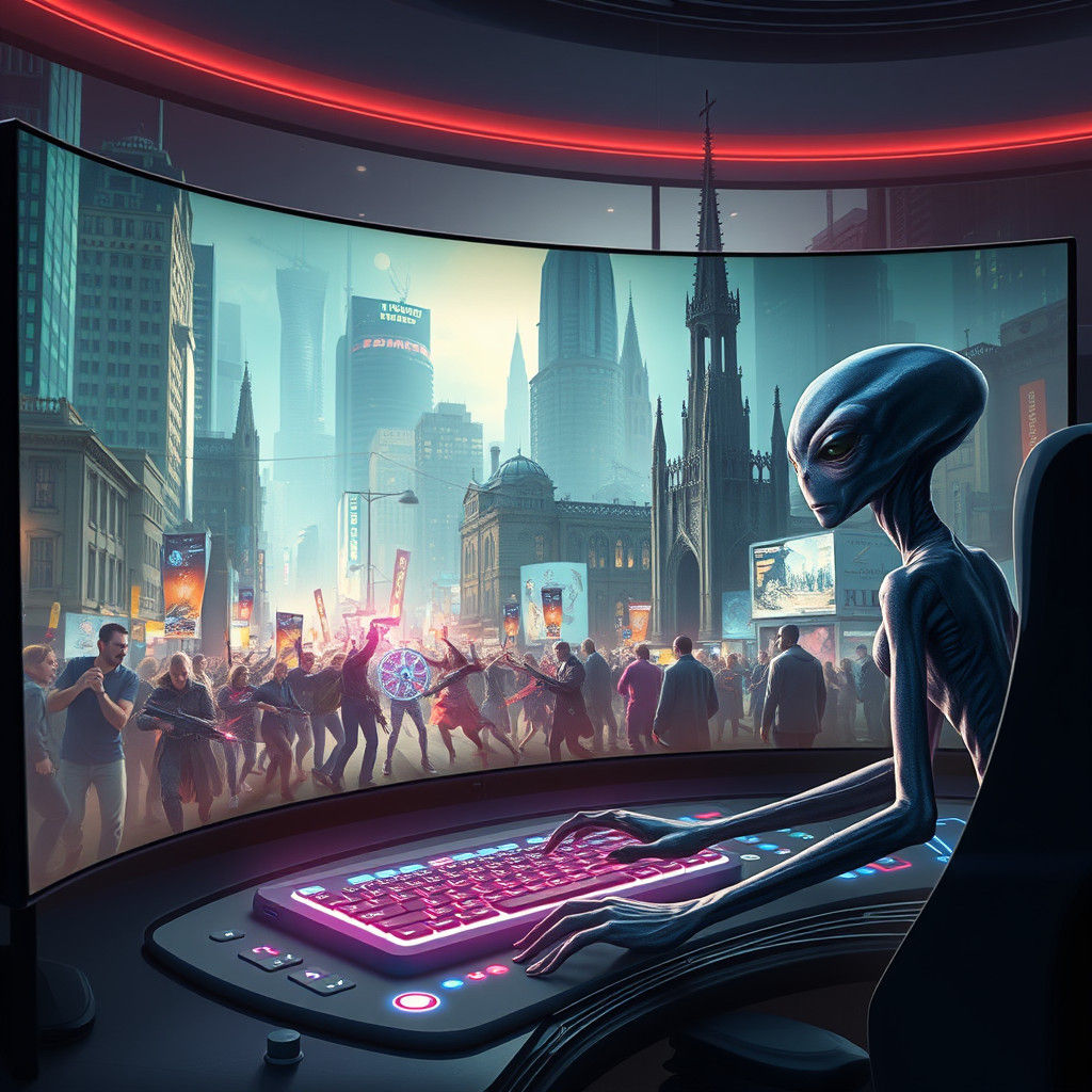 Alien at Futuristic Workstation Simulates Chaotic City