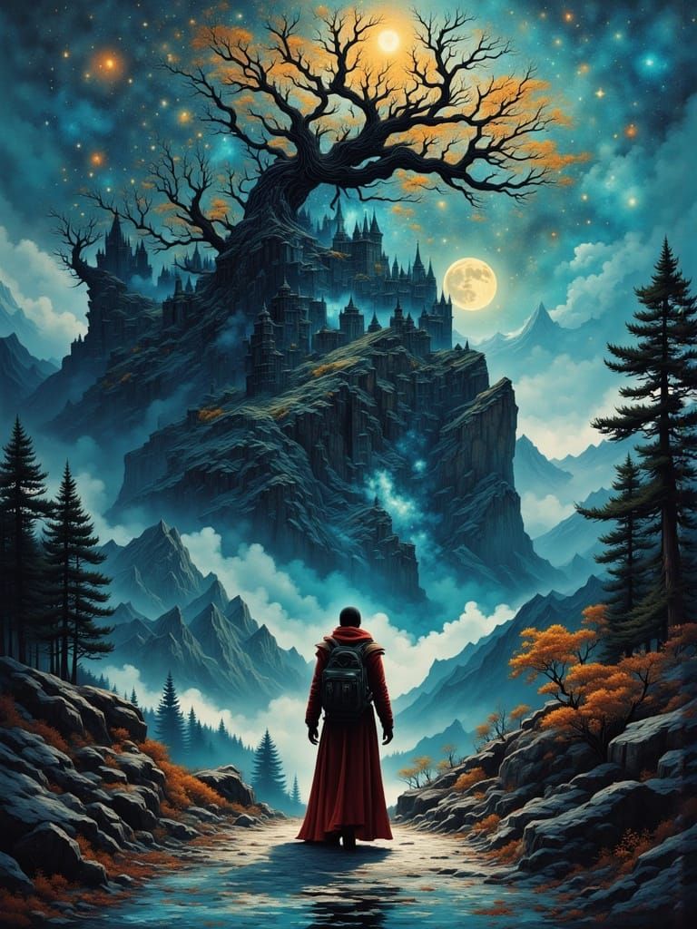 Epic Fantasy Landscape Portrait in Double Exposure