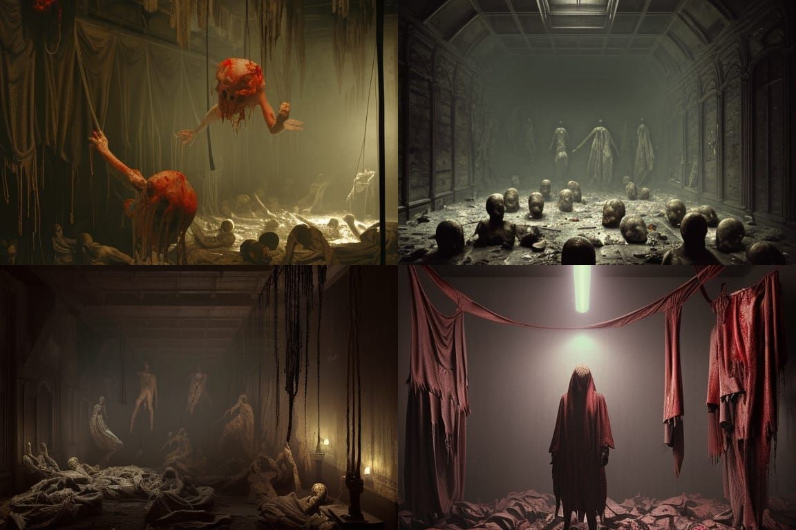 Ominous Basement Horror with Bloody Heads