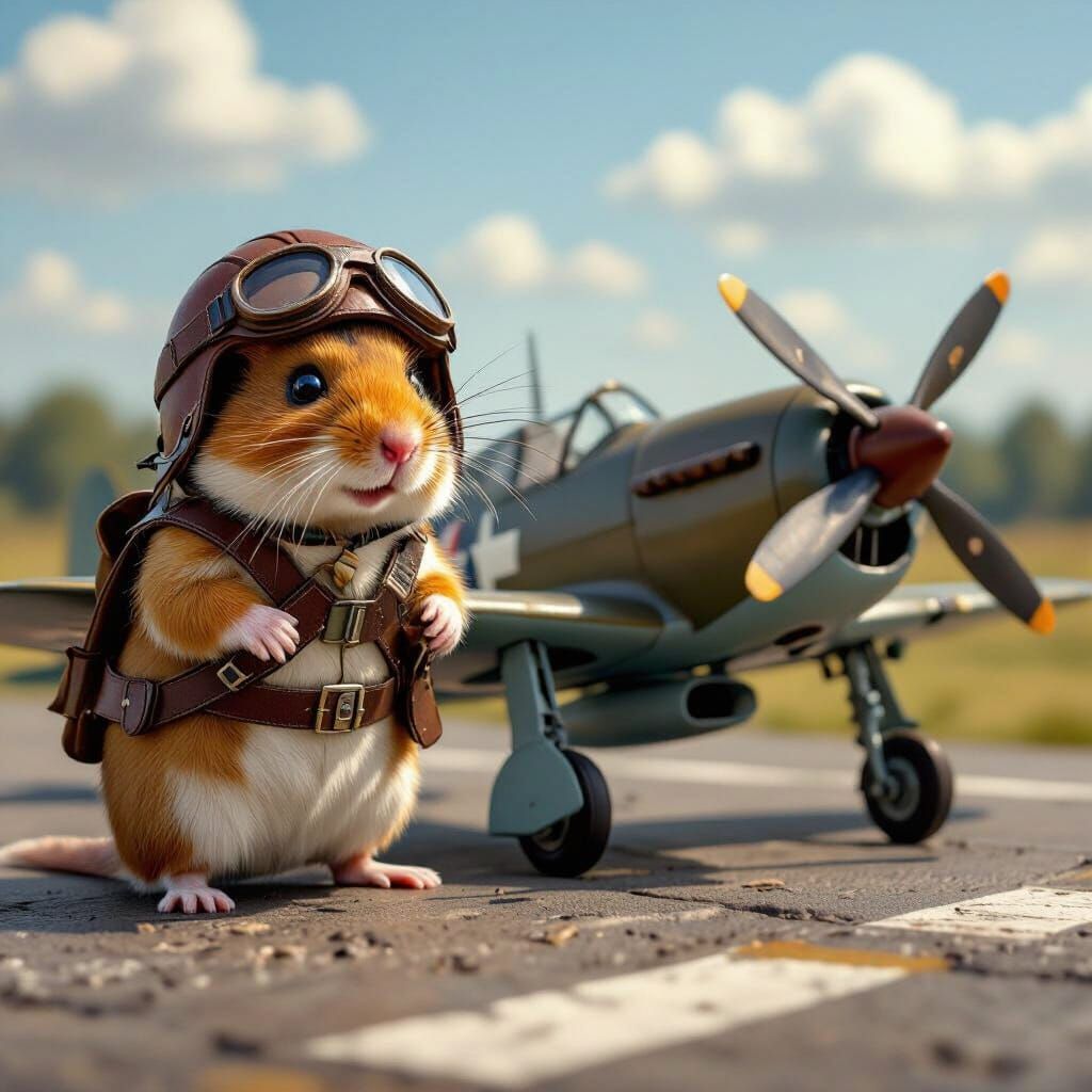 Hamster Pilot on Airfield Diorama, Rockwell Style