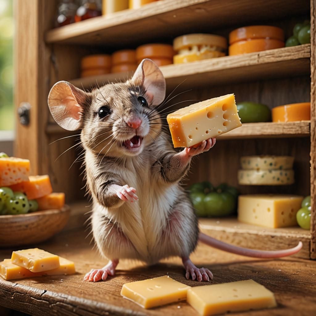 Cute Mouse Snatching Cheese in Hyperrealistic Photo