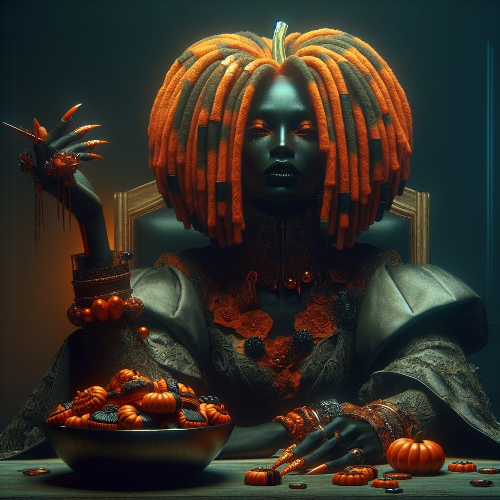 Mystique Woman with Pumpkin Head in Macabre Setting