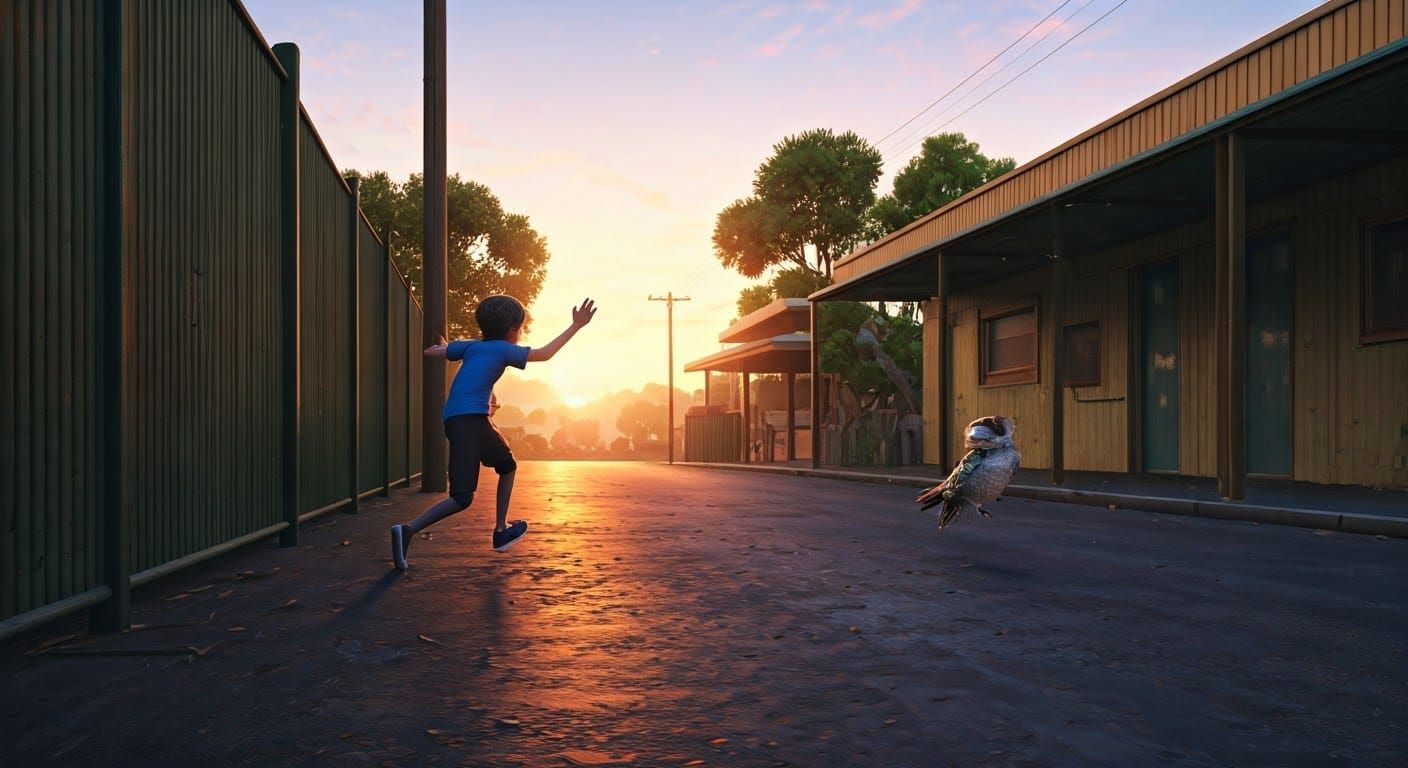 Young Boy Dodges Kookaburra in Vibrant Australian Streets Sc...