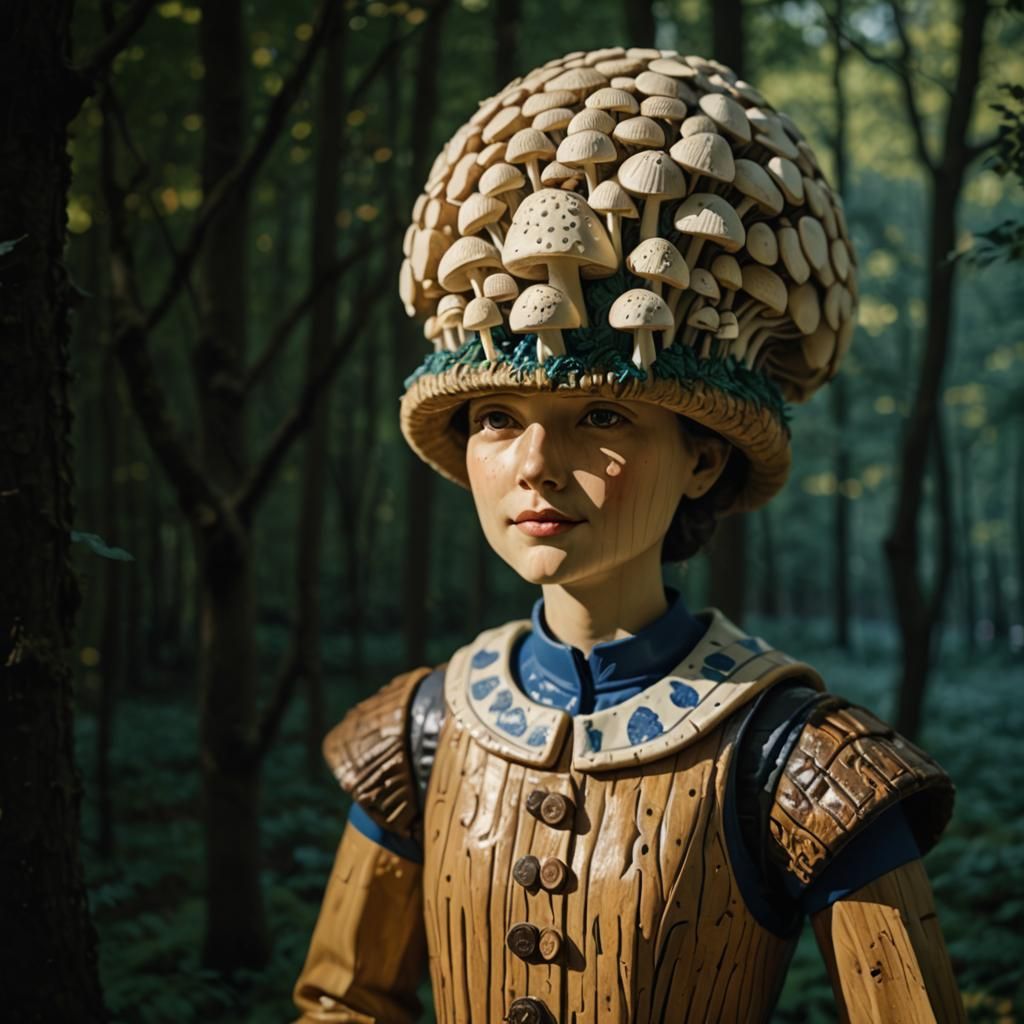 Activists Tending Mushrooms in Blue and White Linocut
