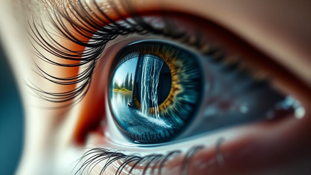 Eye Reflecting Waterfall in Hyperrealistic Style