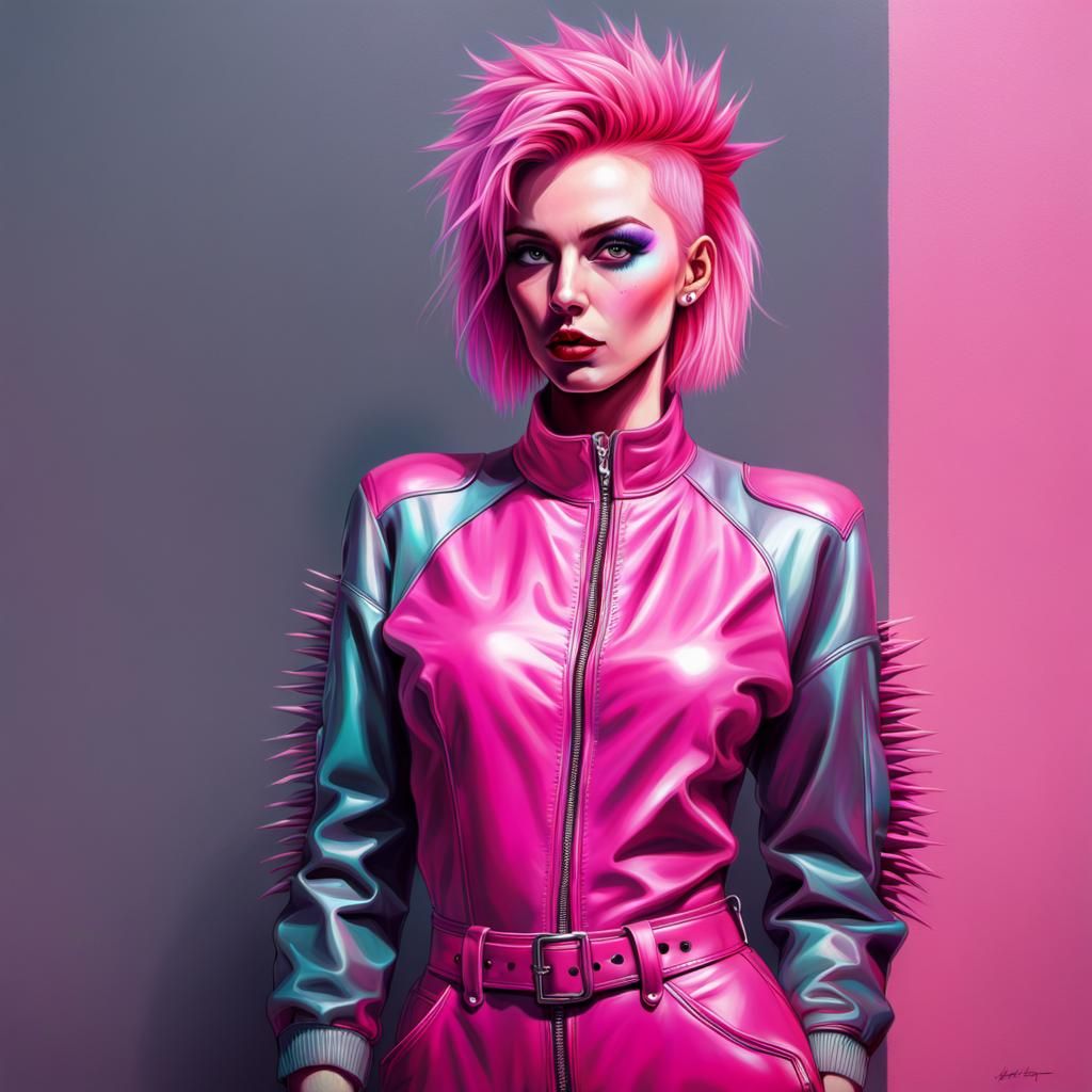 Retrowave Woman with Pink Hair in 1980s Style