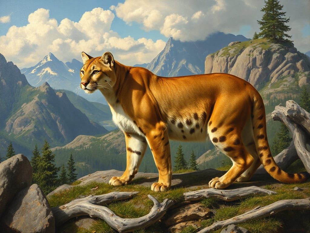 Cougar in Mountains, Baroque Rococo Oil Painting