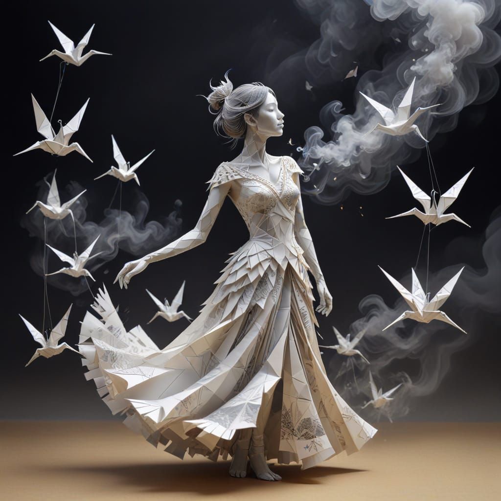 Origami Woman in Smoky Wind, Hyperrealistic 64k