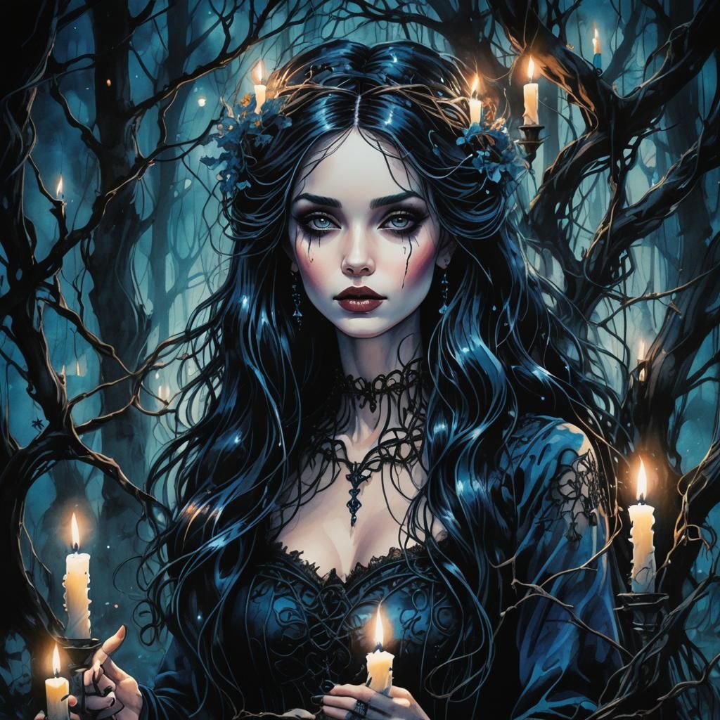 Gothic Barbie Portrait in Dark Mystical Forest