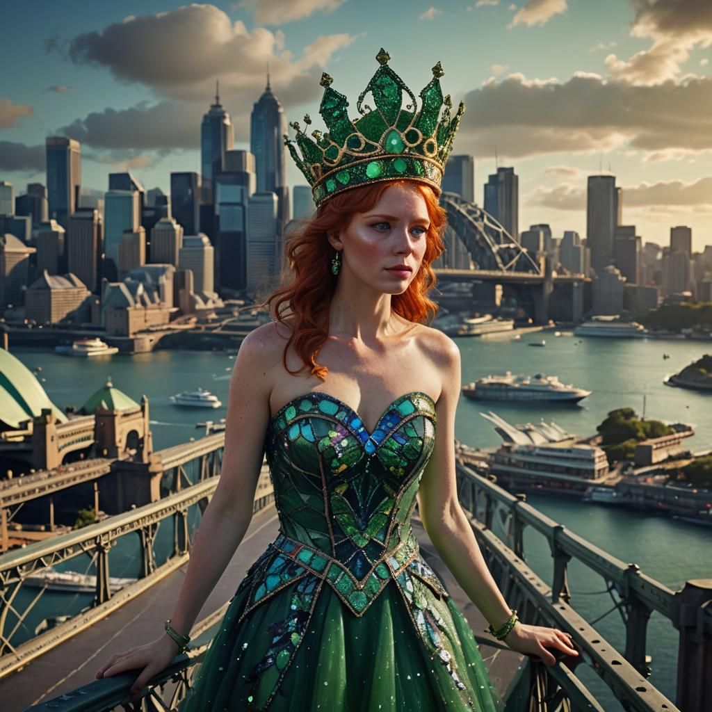 Redhead in Jeweled Crown on Sydney Harbour Bridge