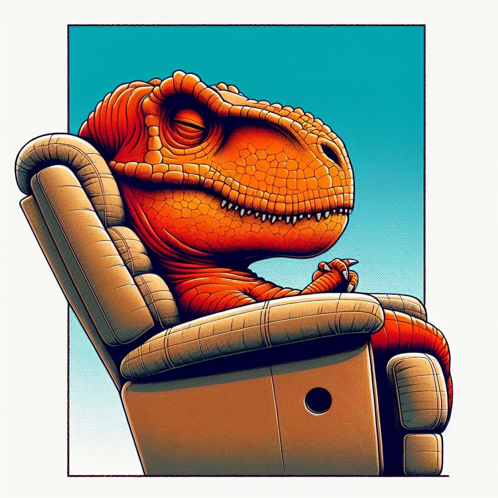 Orange T-Rex Sleeping in Recliner: Cartoon Ink Poster