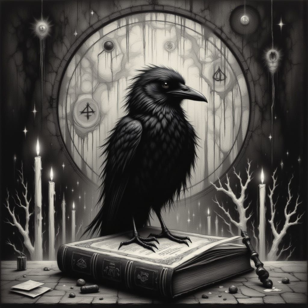 Charcoal Raven on Spellbook in Dark Fantasy Style